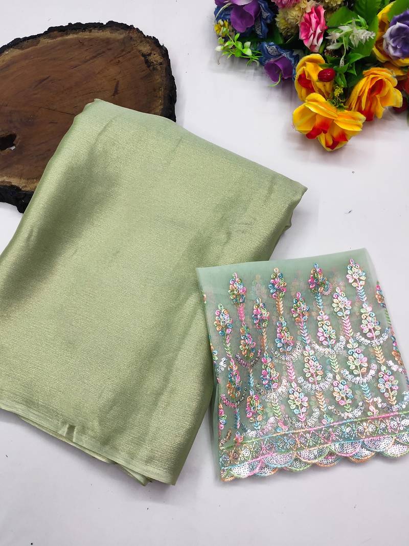 Pista multicolor sequece embroidery work moss chiffon saree with blouse