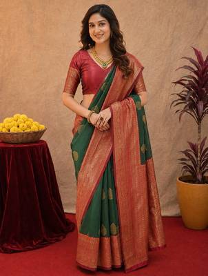 Sea green art silk blend banarasi jacquard motif work saree with unstitched blouse piece 1