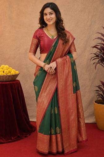 Sea green art silk blend banarasi jacquard motif work saree with unstitched blouse piece