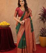 Sea green art silk blend banarasi jacquard motif work saree with unstitched blouse piece