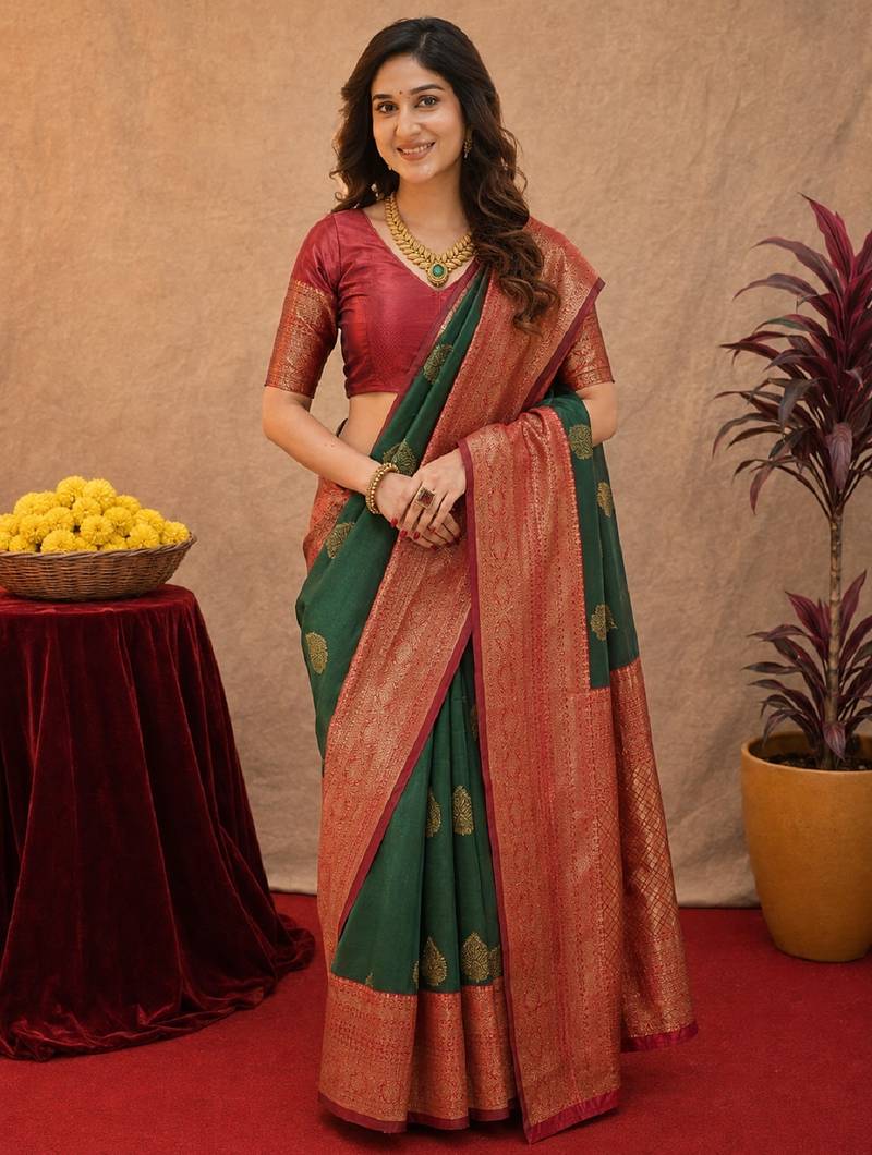 Sea green art silk blend banarasi jacquard motif work saree with unstitched blouse piece