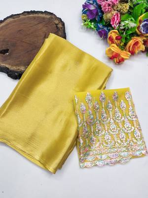 Yellow multicolor sequece embroidery work moss chiffon saree with blouse 1