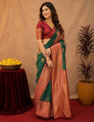 Sea green art silk blend banarasi jacquard motif work saree with unstitched blouse piece 2