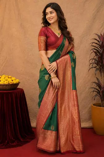 Sea green art silk blend banarasi jacquard motif work saree with unstitched blouse piece