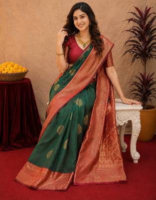 Sea green art silk blend banarasi jacquard motif work saree with unstitched blouse piece 4