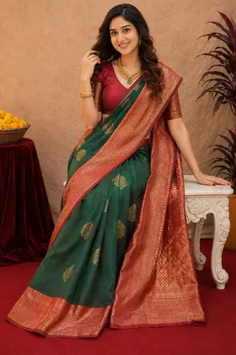 Sea green art silk blend banarasi jacquard motif work saree with unstitched blouse piece