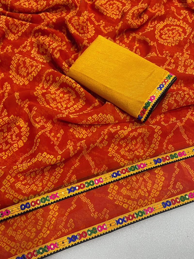 Orange fanta mill print & embroidery lace georgette saree with blouse