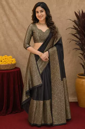 Black art silk blend banarasi jacquard motif work saree with unstitched blouse piece