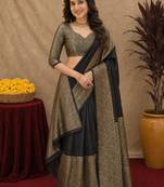 Black art silk blend banarasi jacquard motif work saree with unstitched blouse piece