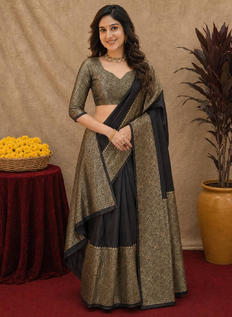 Black art silk blend banarasi jacquard motif work saree with unstitched blouse piece