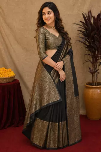 Black art silk blend banarasi jacquard motif work saree with unstitched blouse piece