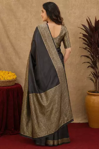 Black art silk blend banarasi jacquard motif work saree with unstitched blouse piece