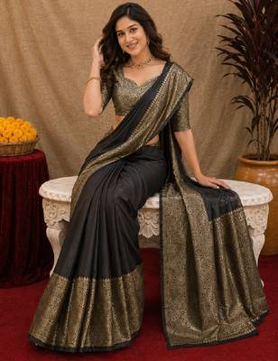 Black art silk blend banarasi jacquard motif work saree with unstitched blouse piece 4