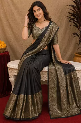 Black art silk blend banarasi jacquard motif work saree with unstitched blouse piece