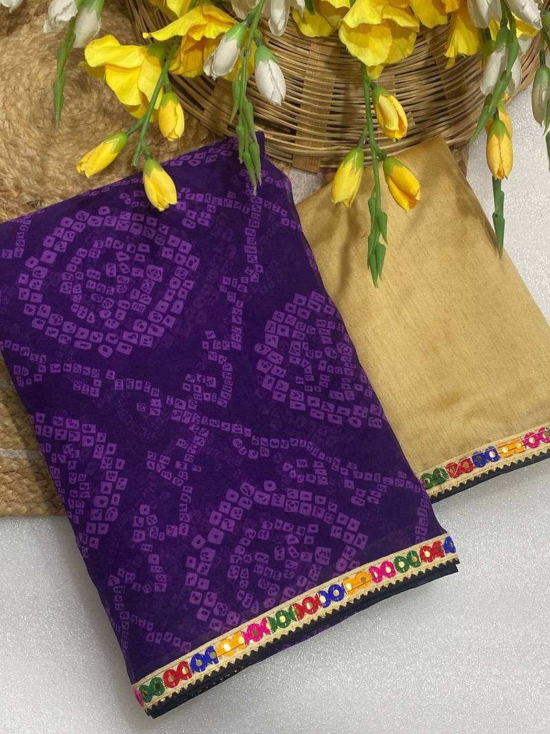 Purple mill print & embroidery lace georgette saree with blouse