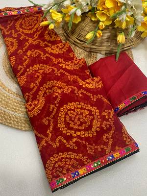 Red mill print & embroidery lace georgette saree with blouse 1