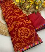 Red mill print & embroidery lace georgette saree with blouse