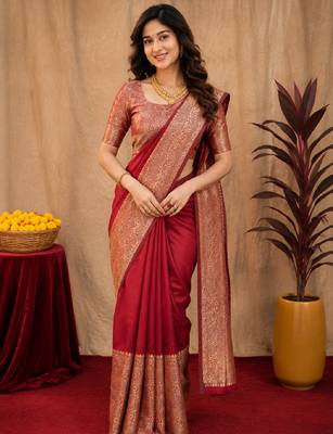 Maroon art silk blend banarasi jacquard motif work saree with unstitched blouse piece 1