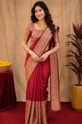 Maroon art silk blend banarasi jacquard motif work saree with unstitched blouse piece