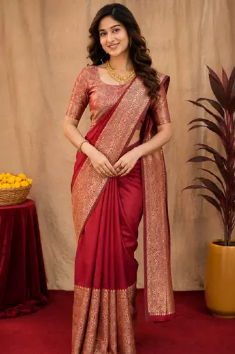 Maroon art silk blend banarasi jacquard motif work saree with unstitched blouse piece