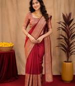 Maroon art silk blend banarasi jacquard motif work saree with unstitched blouse piece