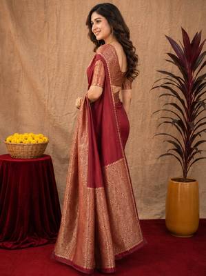 Maroon art silk blend banarasi jacquard motif work saree with unstitched blouse piece 2