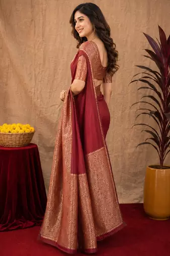 Maroon art silk blend banarasi jacquard motif work saree with unstitched blouse piece