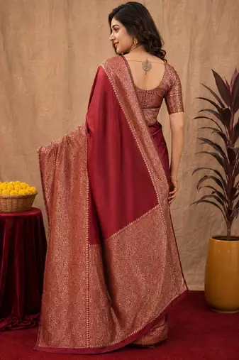 Maroon art silk blend banarasi jacquard motif work saree with unstitched blouse piece