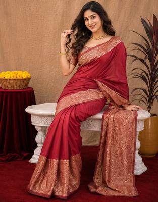 Maroon art silk blend banarasi jacquard motif work saree with unstitched blouse piece 4