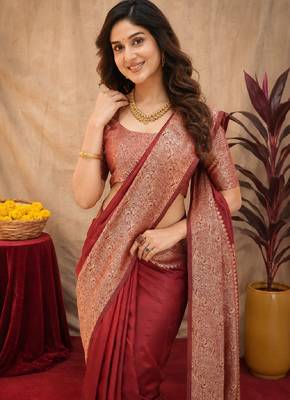 Maroon art silk blend banarasi jacquard motif work saree with unstitched blouse piece 5