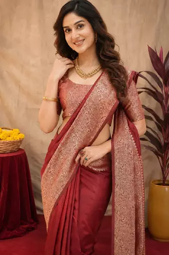 Maroon art silk blend banarasi jacquard motif work saree with unstitched blouse piece