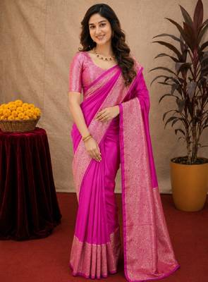 Pink art silk blend banarasi jacquard motif work saree with unstitched blouse piece 1