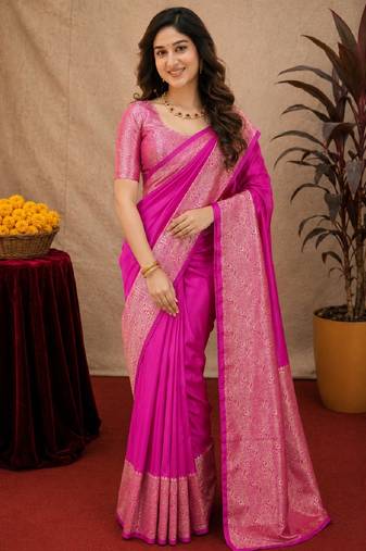Pink art silk blend banarasi jacquard motif work saree with unstitched blouse piece