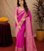 Pink art silk blend banarasi jacquard motif work saree with unstitched blouse piece