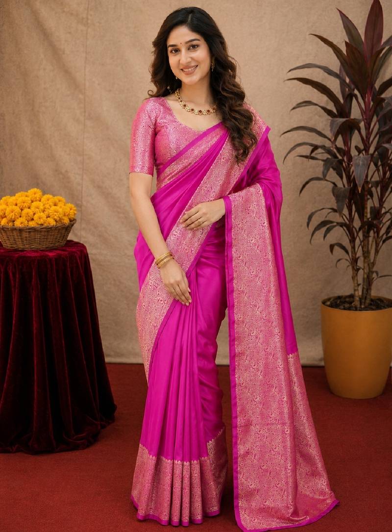 Pink art silk blend banarasi jacquard motif work saree with unstitched blouse piece