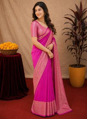 Pink art silk blend banarasi jacquard motif work saree with unstitched blouse piece 2