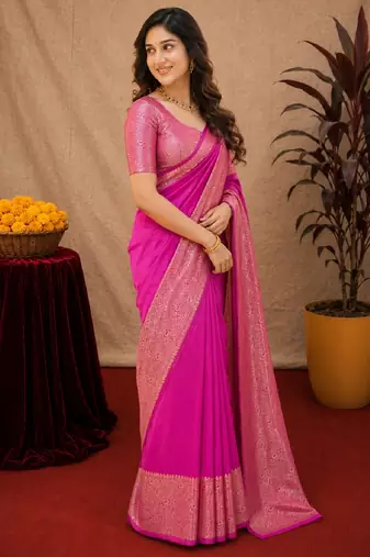 Pink art silk blend banarasi jacquard motif work saree with unstitched blouse piece