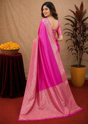 Pink art silk blend banarasi jacquard motif work saree with unstitched blouse piece 3