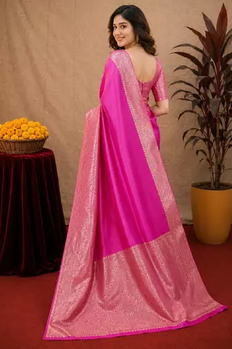 Pink art silk blend banarasi jacquard motif work saree with unstitched blouse piece