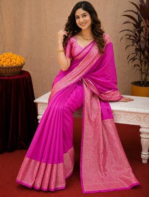 Pink art silk blend banarasi jacquard motif work saree with unstitched blouse piece 4