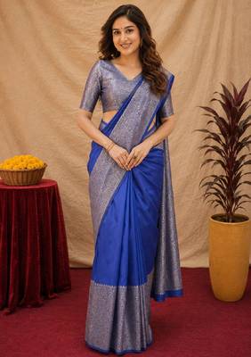 Royal blue art silk blend banarasi jacquard motif work saree with unstitched blouse piece 1