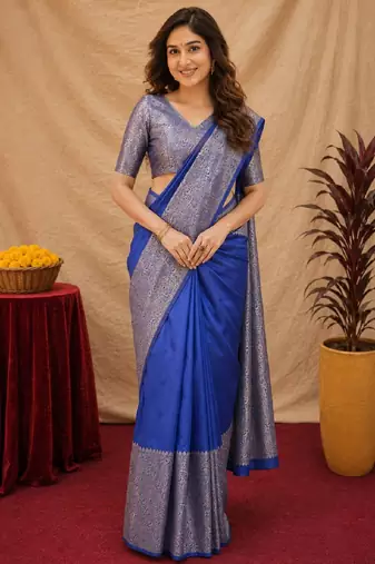 Royal blue art silk blend banarasi jacquard motif work saree with unstitched blouse piece