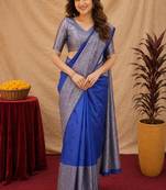 Royal blue art silk blend banarasi jacquard motif work saree with unstitched blouse piece