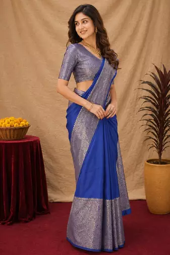 Royal blue art silk blend banarasi jacquard motif work saree with unstitched blouse piece