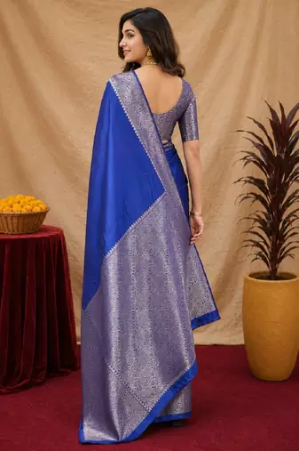 Royal blue art silk blend banarasi jacquard motif work saree with unstitched blouse piece