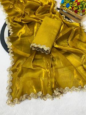 Gold multicolor sequece embroidery work jimmy choo saree with blouse 1