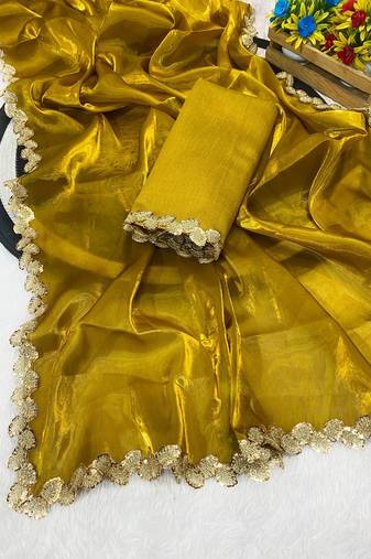 Gold multicolor sequece embroidery work jimmy choo saree with blouse