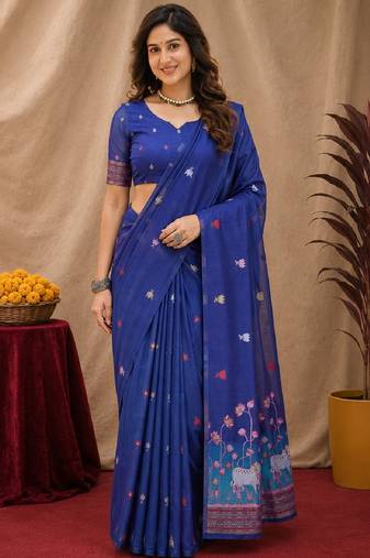 Blue linen jacuard animal motif work saree with unstitched blouse piece
