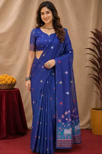 Blue linen jacuard animal motif work saree with unstitched blouse piece