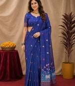 Blue linen jacuard animal motif work saree with unstitched blouse piece